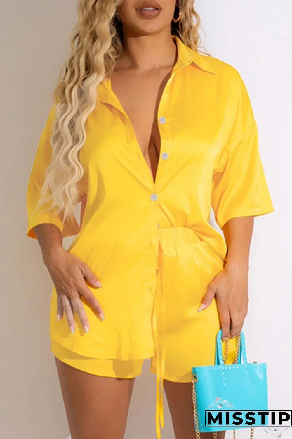 Rose Red Fashion Casual Solid Basic Turndown Collar Short Sleeve Two Pieces