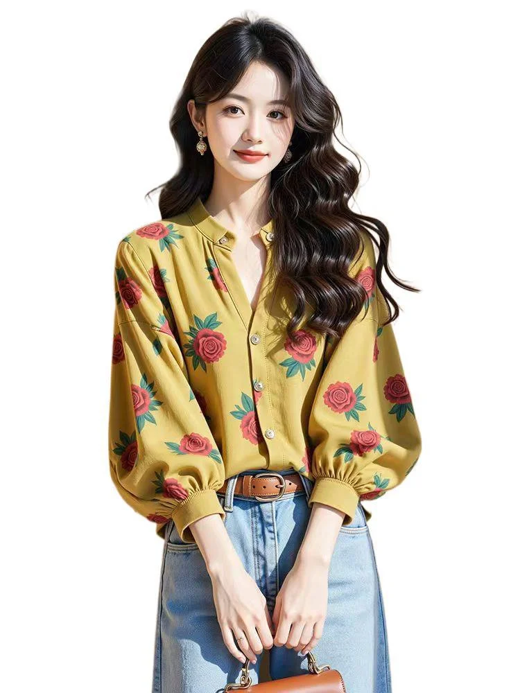 Athvotar Athvotar Long-Sleeved Chiffon Floral Shirt Woman 2025 Early Spring Single-Drip Design Shirt Open Shirt