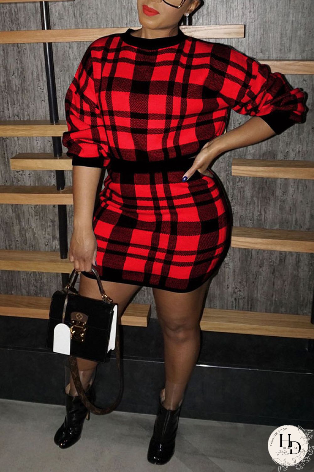 Red Sexy Acrylic Print O Neck Long Sleeve Regular Sleeve Short Two Pieces