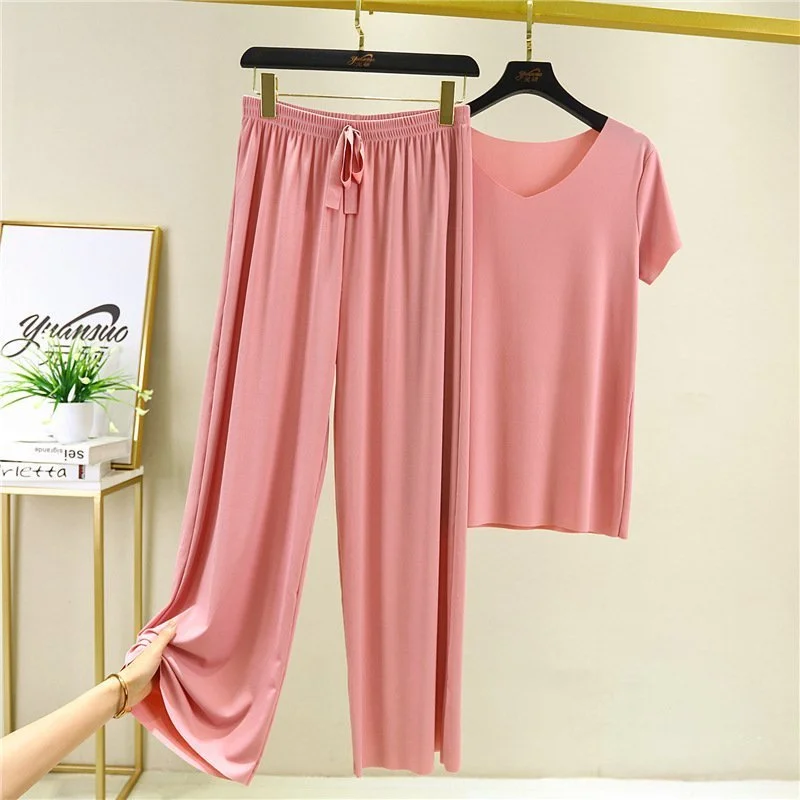 Soft Comfortable Ice Silk Short Sleeve T-Shirt Two Piece Set Loose Wide-leg Pants ( Buy 3 Free Shipping)