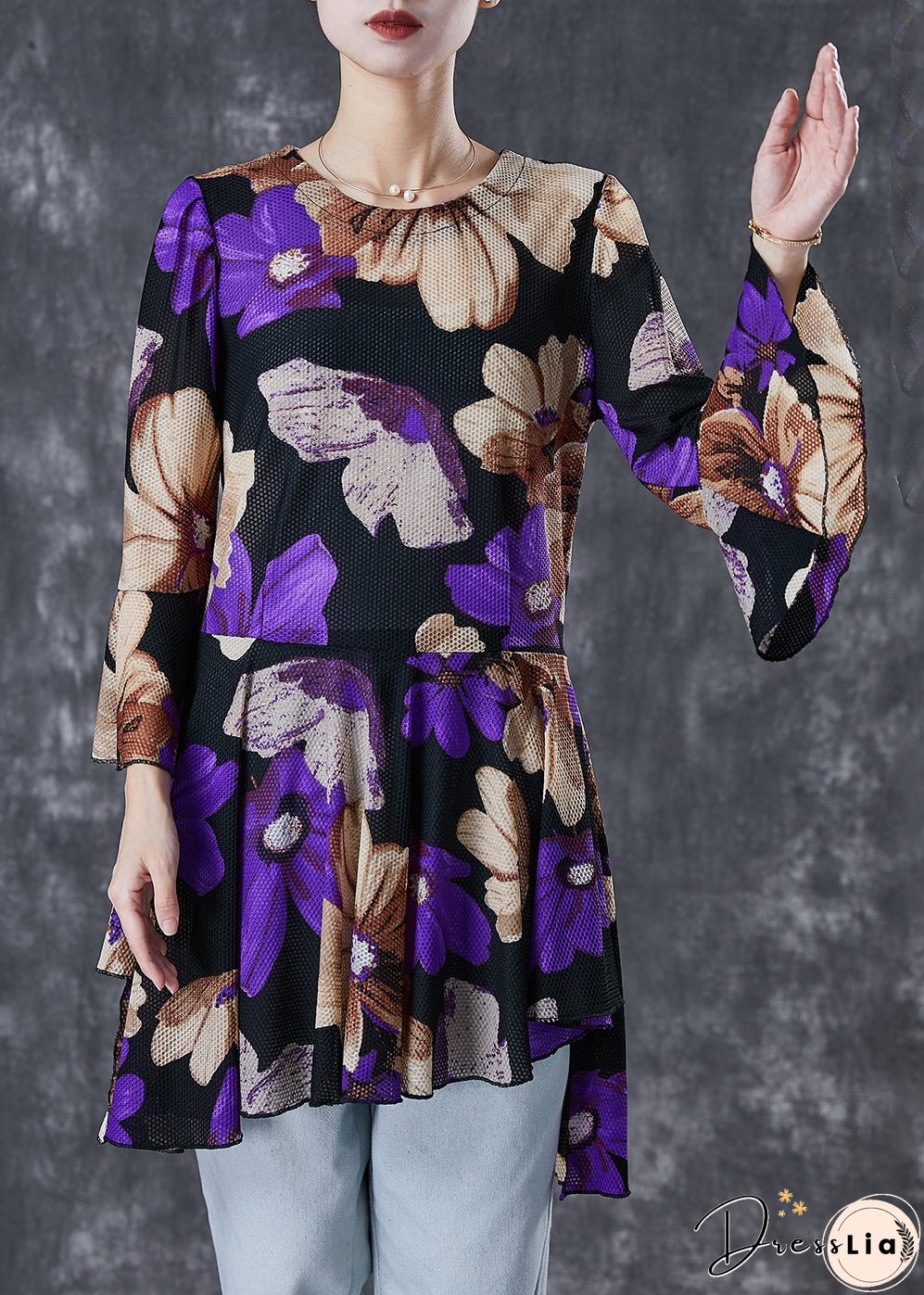 Purple Print Tulle Blouse Tops Exra Large Hem Flare Sleeve