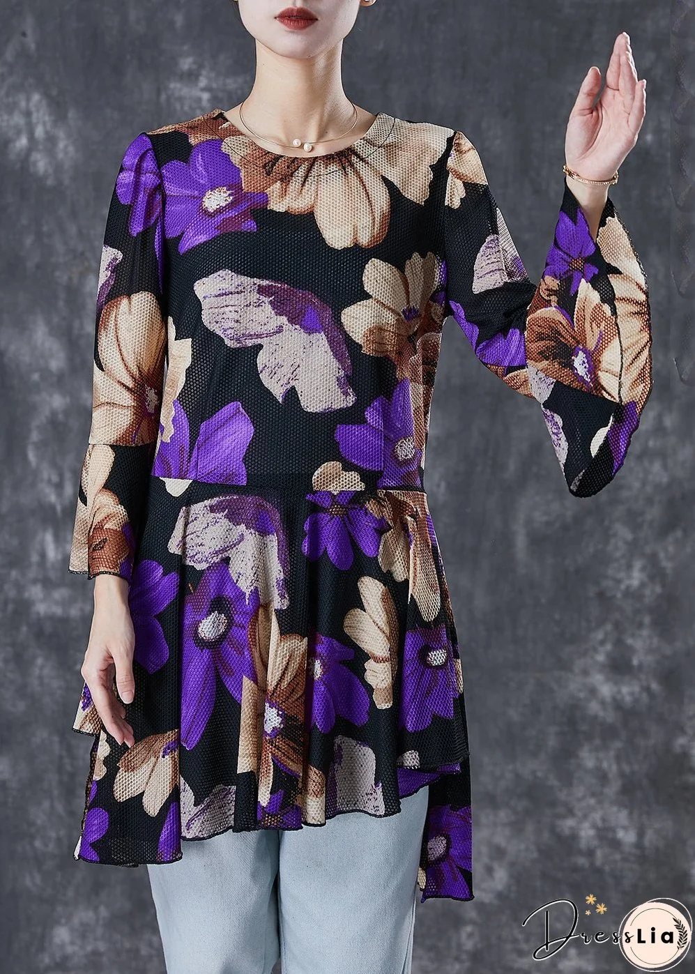 Purple Print Tulle Blouse Tops Exra Large Hem Flare Sleeve
