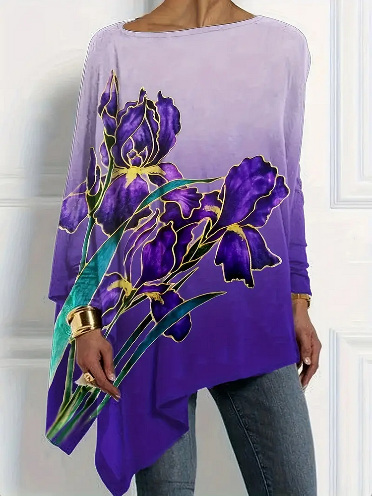Floral Print Curvy Hem T-shirt, Long Sleeve Round Neck Elegant Top, Women's Clothing VangoghDress