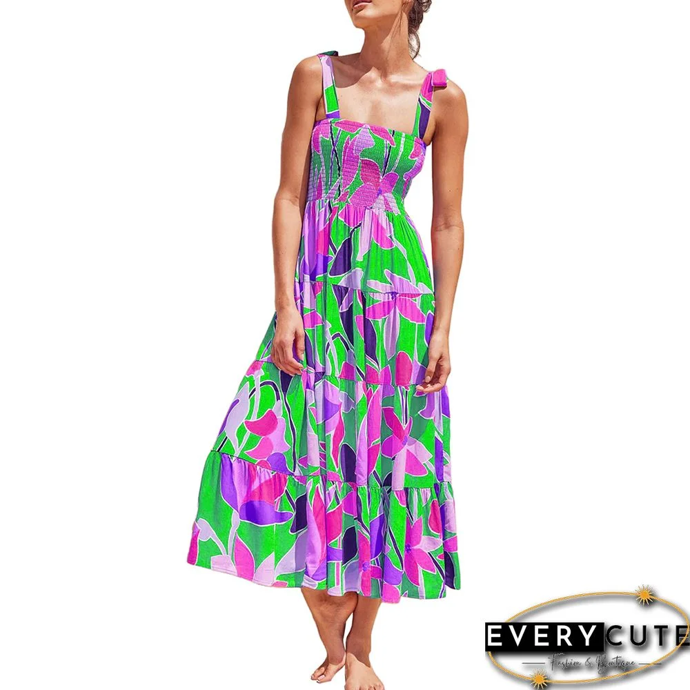 Grass Green Printed Spaghetti Straps Pleated Midi Dress