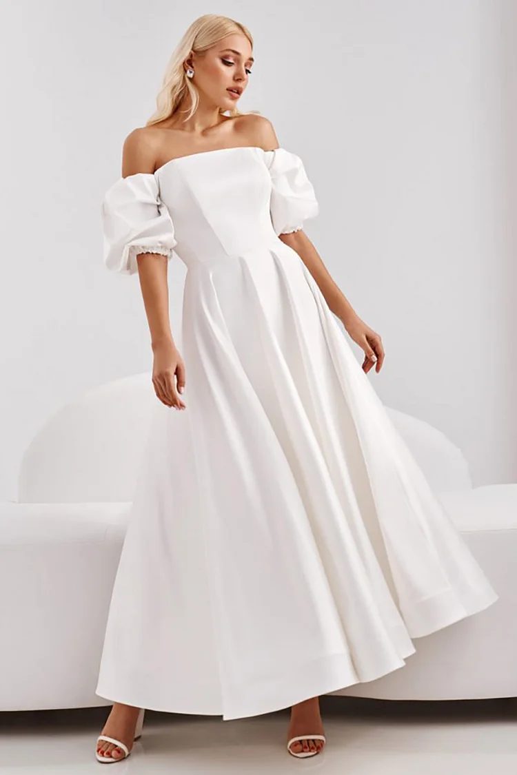 White Off Shoulder Boat Neck Short Puffy Sleeve Satin Wedding Maxi Dress