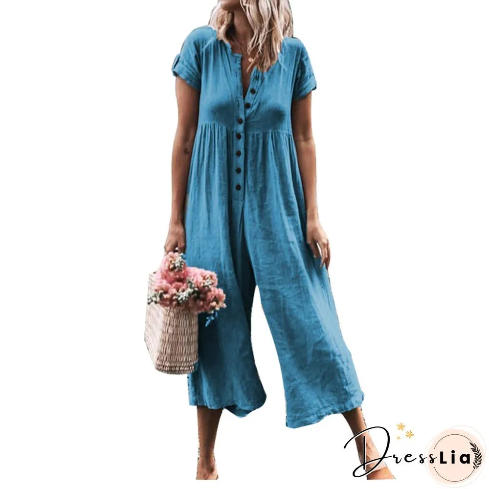 Women V Neck Short Sleeve Button Down Wide Leg Jumpsuits Rompers