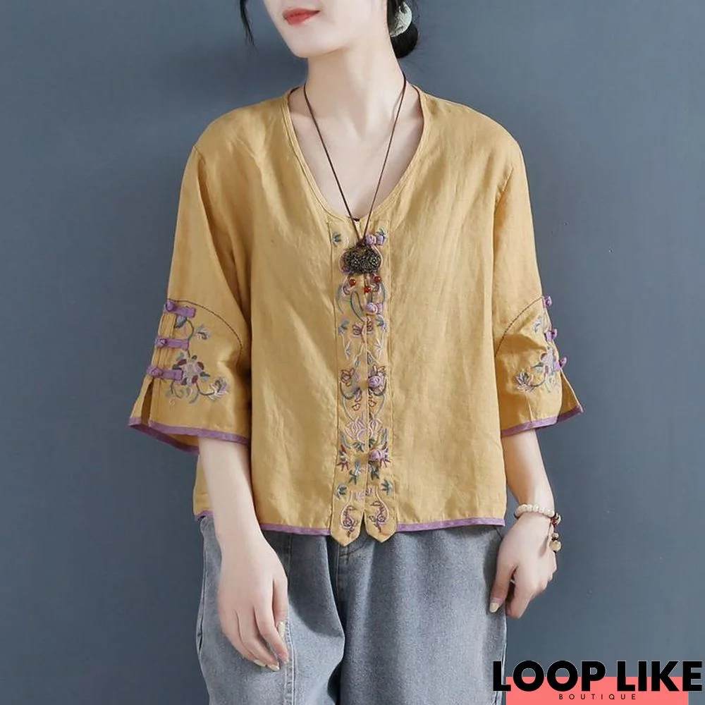 Yellow Floral Casual Cotton-Blend Shirts & Tops Linen