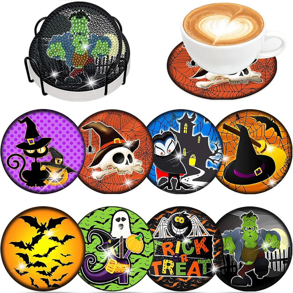 8PCS Diamond Painting Coasters Kits Halloween Pattern Full Drill