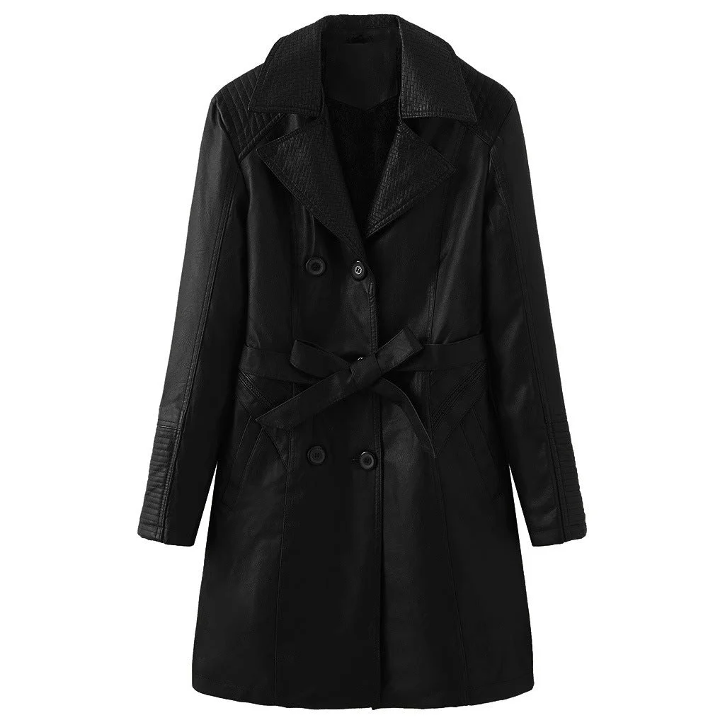 Women's Mid-length Plus Velvet Leather Jacket With Lapel