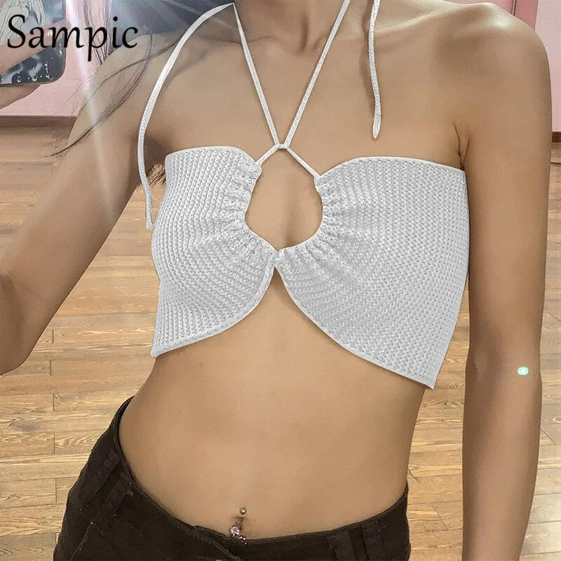 Sampic Fashion Summer Sexy Ladies Mini Knitted Sweat Halter Tees Crop Tops Summer Beach Women 2021 Sleeveless Skinny Tank Tops