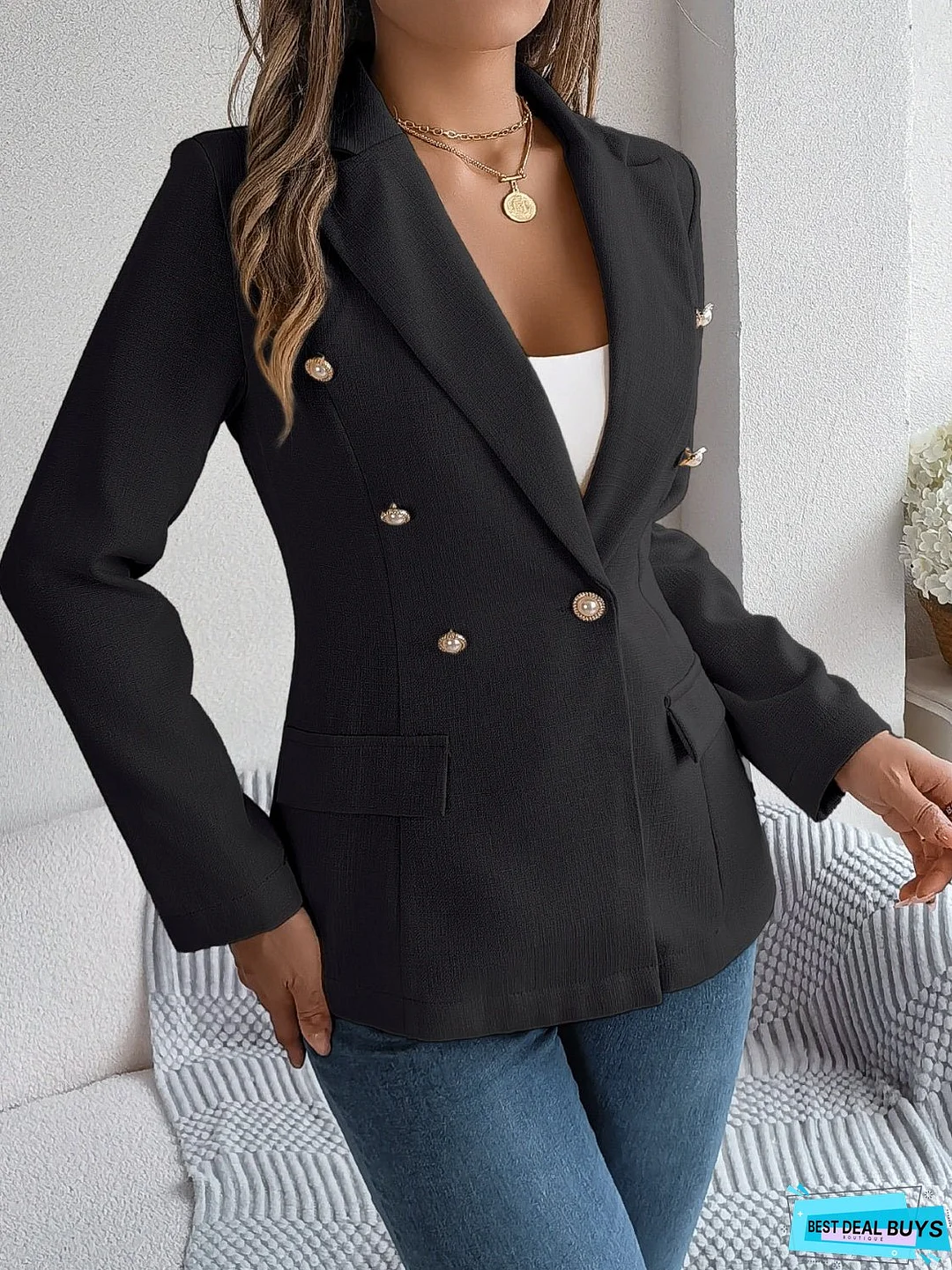Decorative Pocket Flap Lapel Collar Long Sleeve Blazer