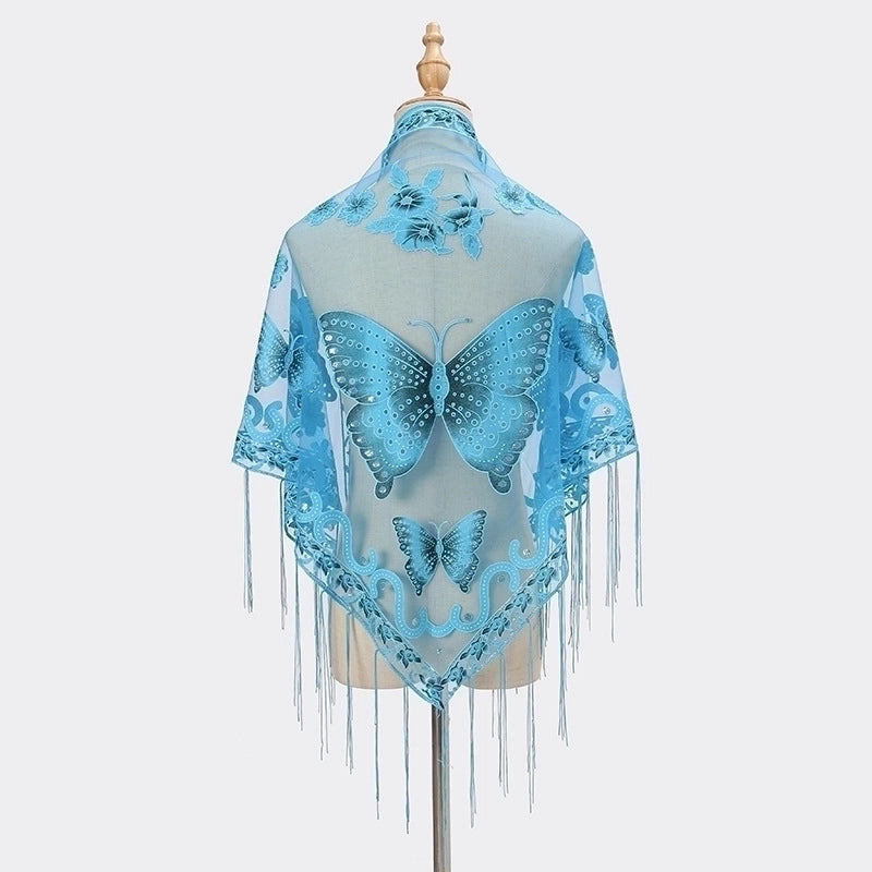 New Tassel Triangle Scarf Solid Color Hollow Lace Butterfly Embroidered Triangle Shawl Scarf For Women