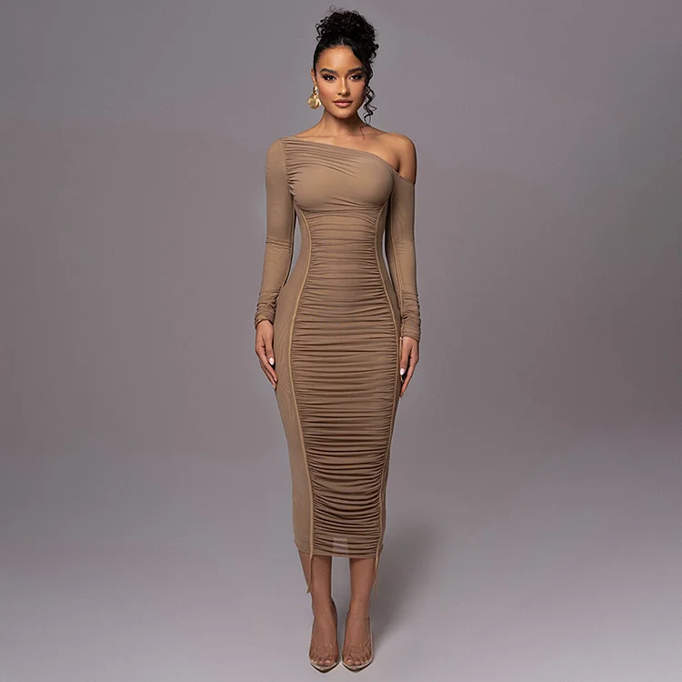 Women's Diagonal Collar Long Sleeve High Waist Mesh Dress