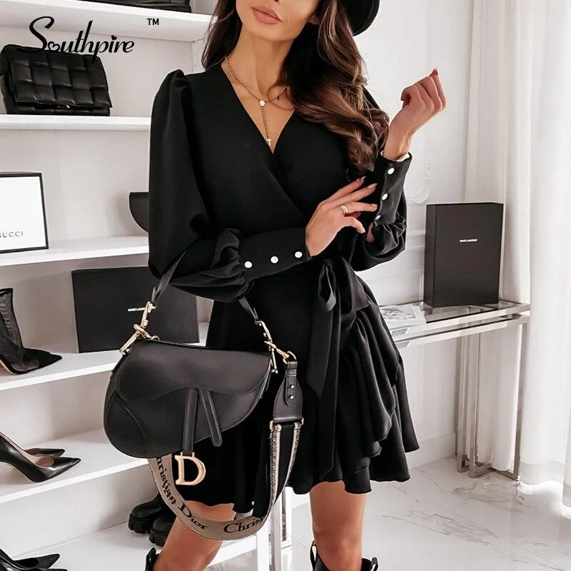 Back To College Southpire Black Basic Casual Women's Dresses 2023 Long Sleeve Ruffle Mini Warp Dress Elagant Party Female Clothes