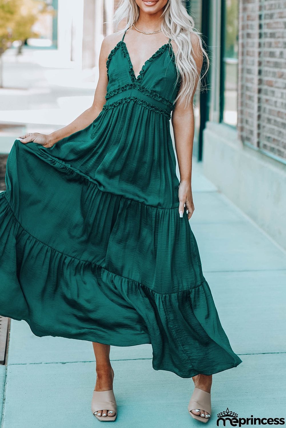 Cross Back Frilled Sleeveless Tiered Maxi Dress