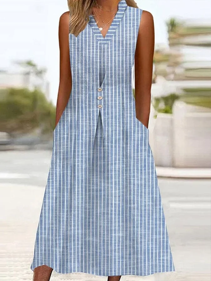 Women's Casual V Neck Sleeveless Striped Print Dress