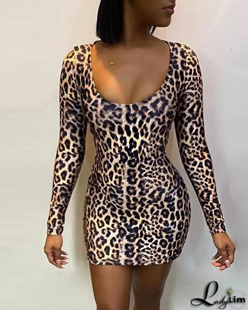 Women's Leopard Print Backless Lace-up Long Sleeve Dress