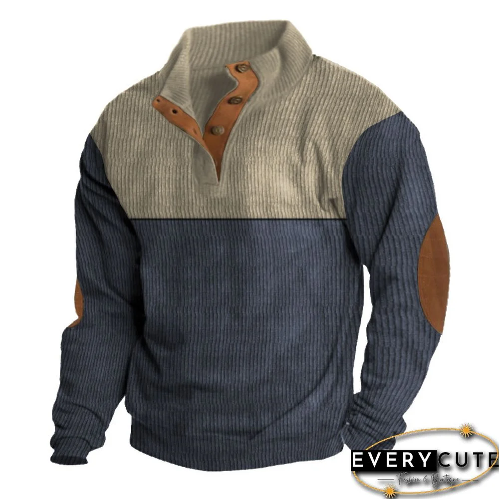 Retro Men's Contrast Color Fleece Polo Casual Sweatshirt