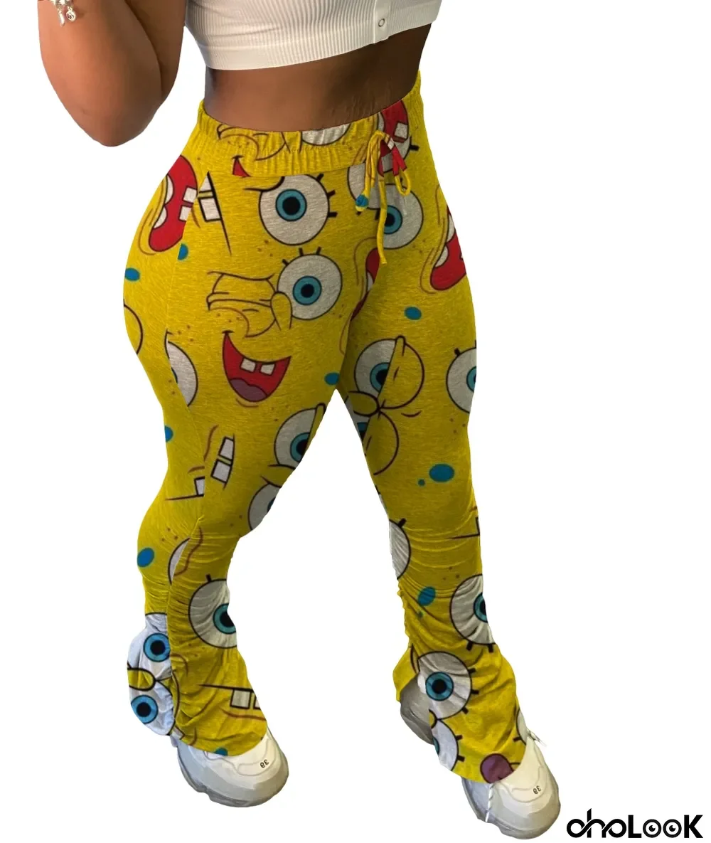 Africa Cartoon Print High Waist Side Slit Stack Pants