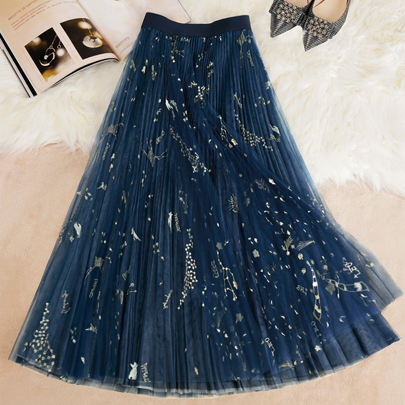 VCSHOES Blue Print tulle Pleated  Skirts Summer