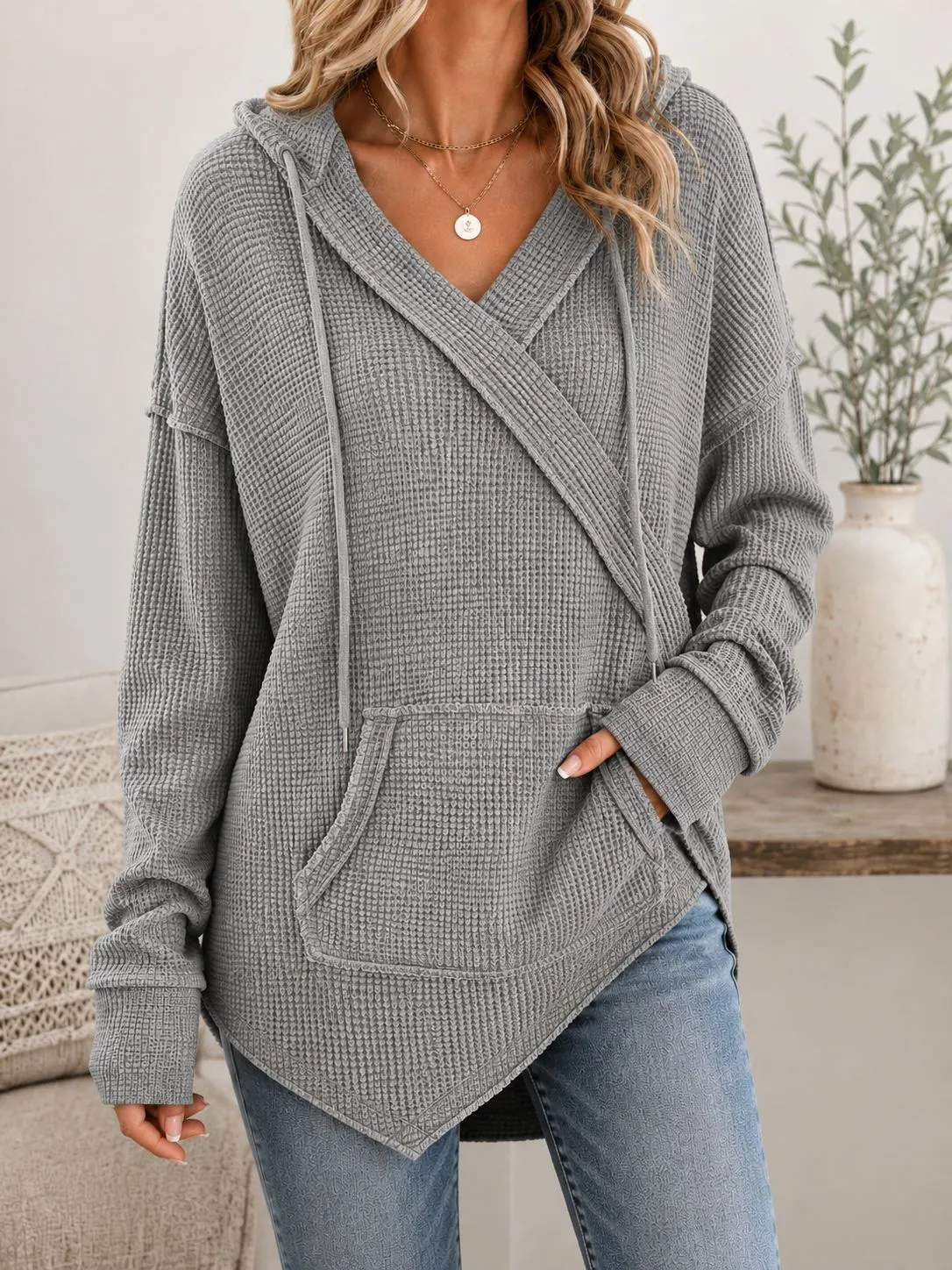 Women's Waffle Knit Wrap Hooded Sweatshirt