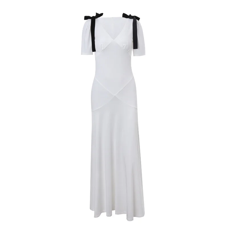 Brownm Brownm Summer Autumn New Fashion Temperament With French Sweet Bubble Sleeve Bow Tie Dress