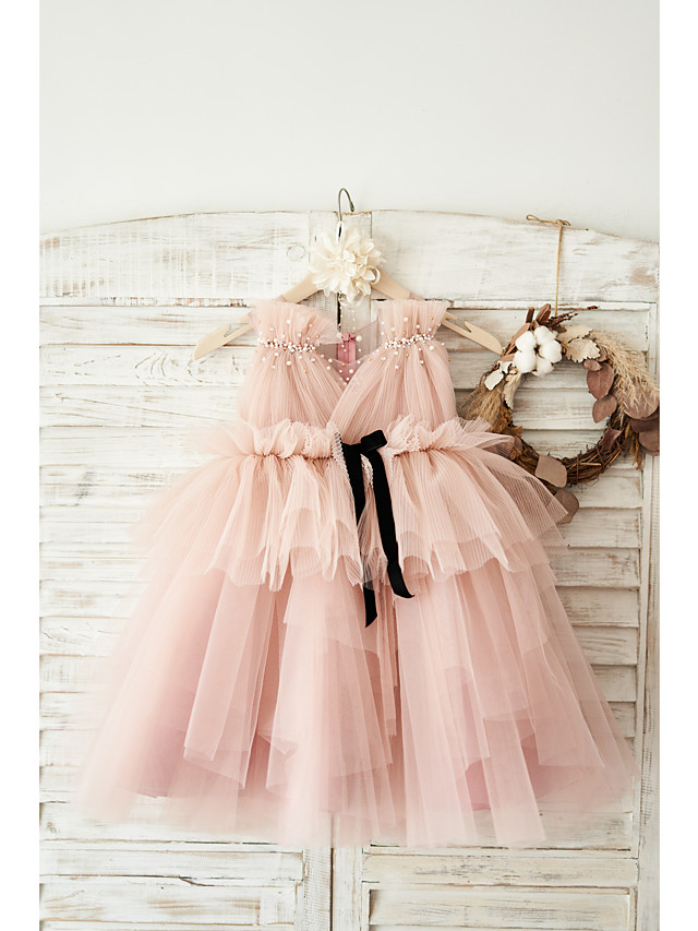 Bellasprom Sleeveless V Neck Ball Gown Knee Length Flower Girl Dress Tulle With Belt Pearls Bellasprom