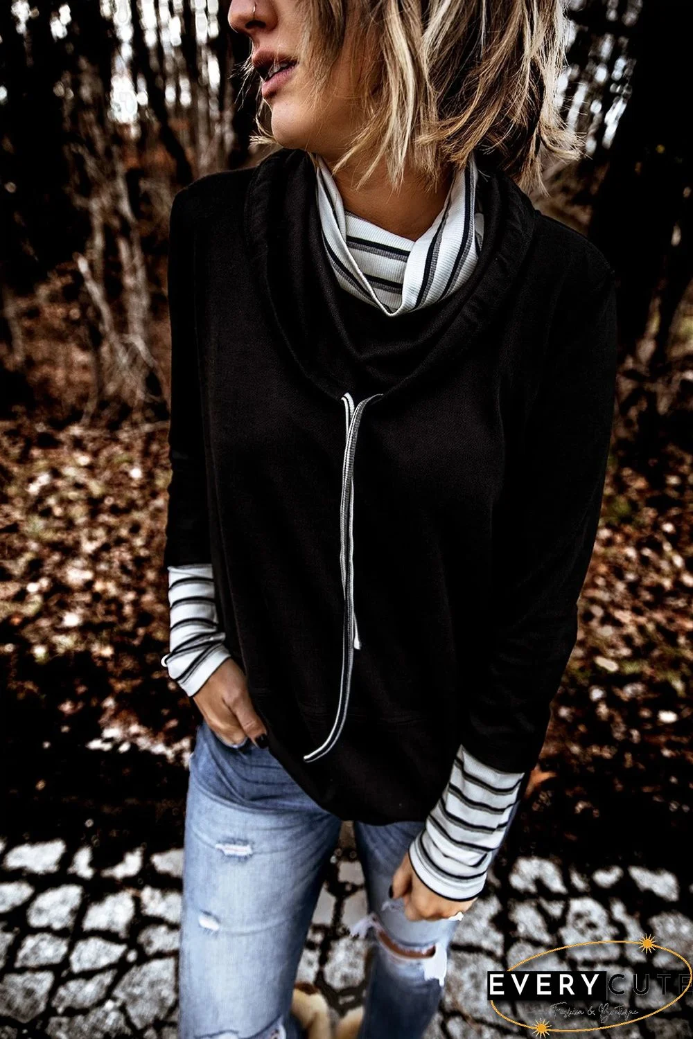 Striped Splicing High Neck Sweatshirt