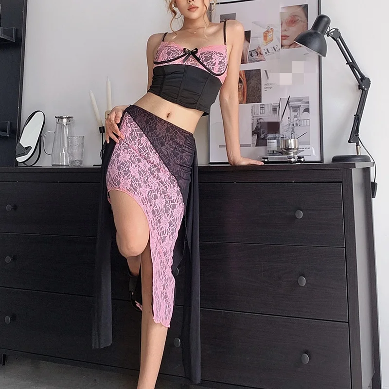 Brownm Brownm 2023 New Women's Sexy Lace Color Strap Top With Waist Skirt Suit Woman