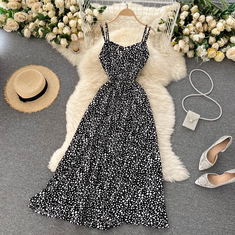 Croysier Dresses For Women 2021 Clothing Spaghetti Strap Sexy Backless Crossover Summer Dress Vintage Print Casual Midi Dress