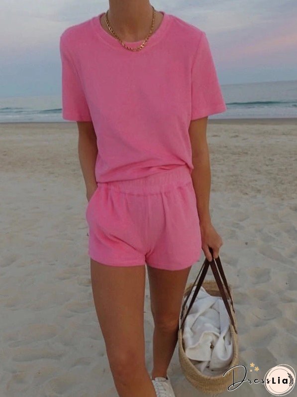 Sets Solid Simple T-Shirt & Shorts Two-Piece Set for Women