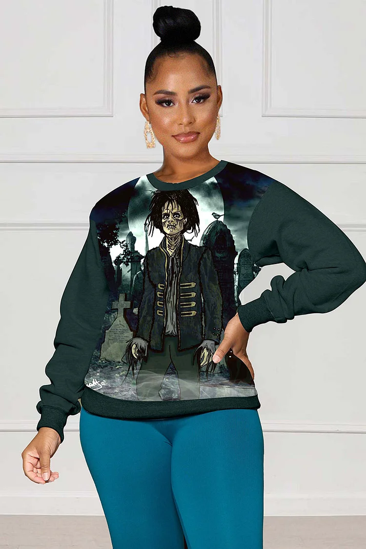 Scary Human Skeleton Halloween Pattern Print Long Sleeve Sweatshirts 