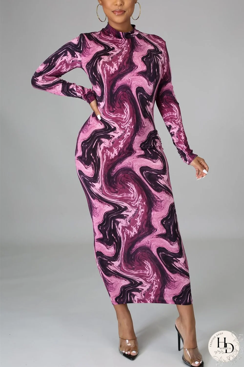 Red Fashion Casual Print Basic Half A Turtleneck Pencil Dresses