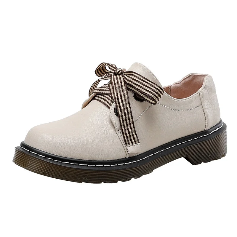 Solid White Leather Oxford Shoes Woman Lace-Up Flats Striped Riband Loafers Rivet Bow Derby Shoes Women Espadrilles Single Shoes