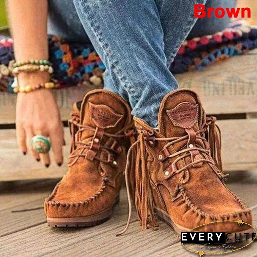 HOT Trend Fashion Faux Leather Tassel Boots for Women Short Platform Boots High Top Martin Boots Vintage Chunky Low Heel Short Boot Ankle Booties Flat Boots Autumn Winter Shoes for Female Plus Size