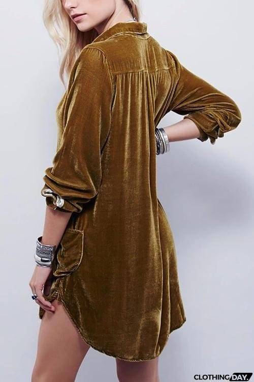 V Neck Pockets Velvet Shirt Dress