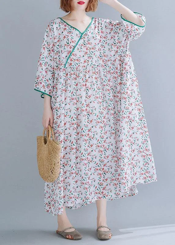 Organic white print cotton dress v neck Extra large hem A Line summer Dress