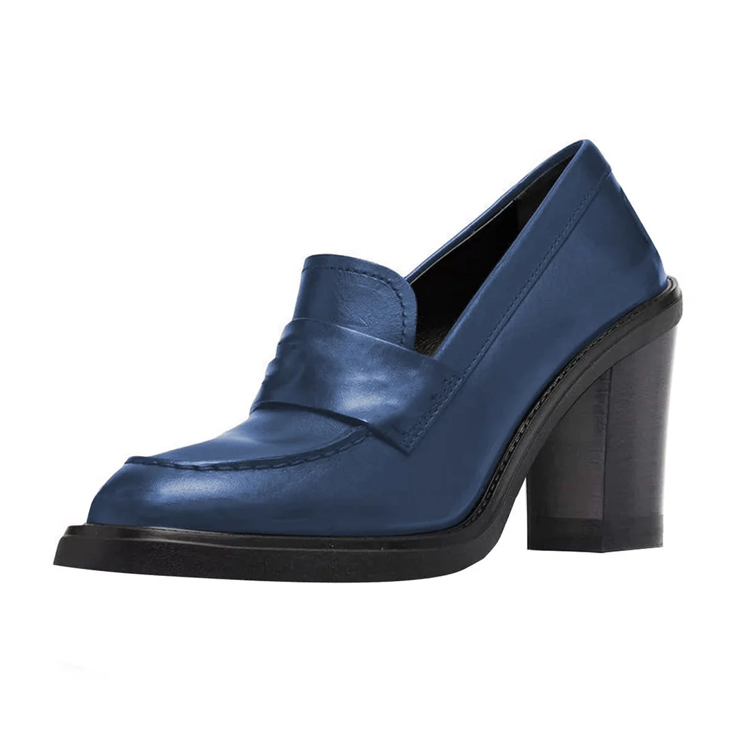 Women's Formal Blue Vegan Leather Round Toe Block Heel Loafers