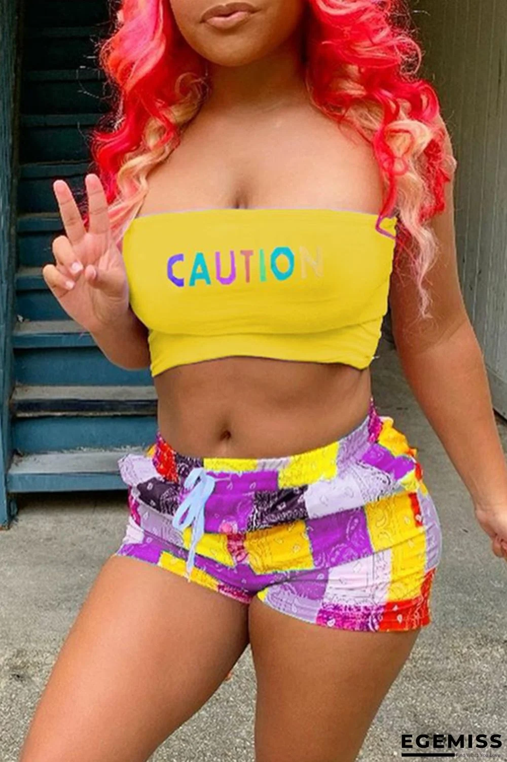 Yellow Sexy Casual Letter Print Basic Strapless Sleeveless Two Pieces | EGEMISS