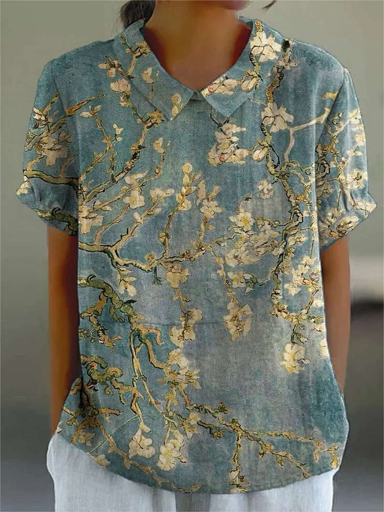 Women's Vintage Floral Art Print Casual Cotton And Linen Shirt