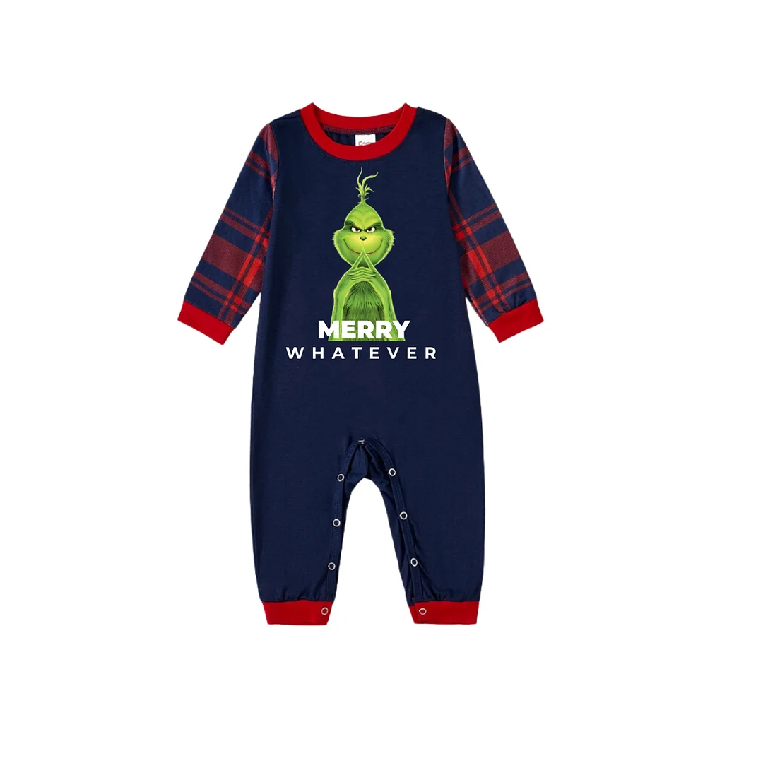 Cute Cartoon Pattern and "Merry Whatever" Slogan Printed Blue Top Red&Blue Plaid Pants Family Matching Pajamas