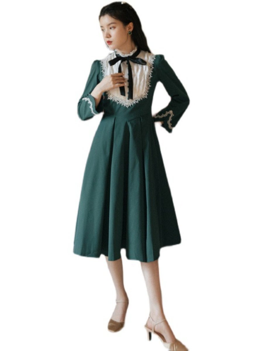 Women's Dresses Nine-point Sleeve Bowknot Ruffle Stand Collar Stitching Swing Dress