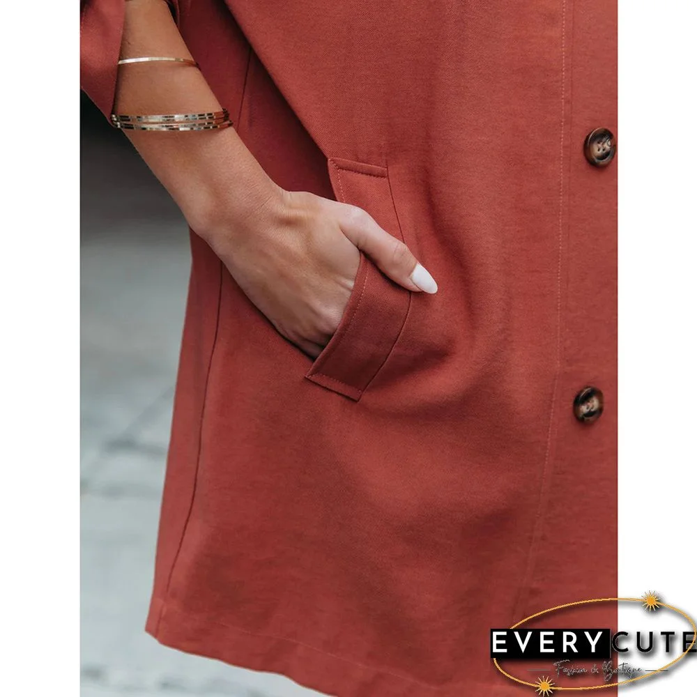 Rust Red Turndown Collar Lightweight Pocket Trench Coat