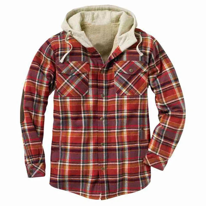 Men's Jacket Plaid Plus Velvet Warm Hooded Shirt Jacket
