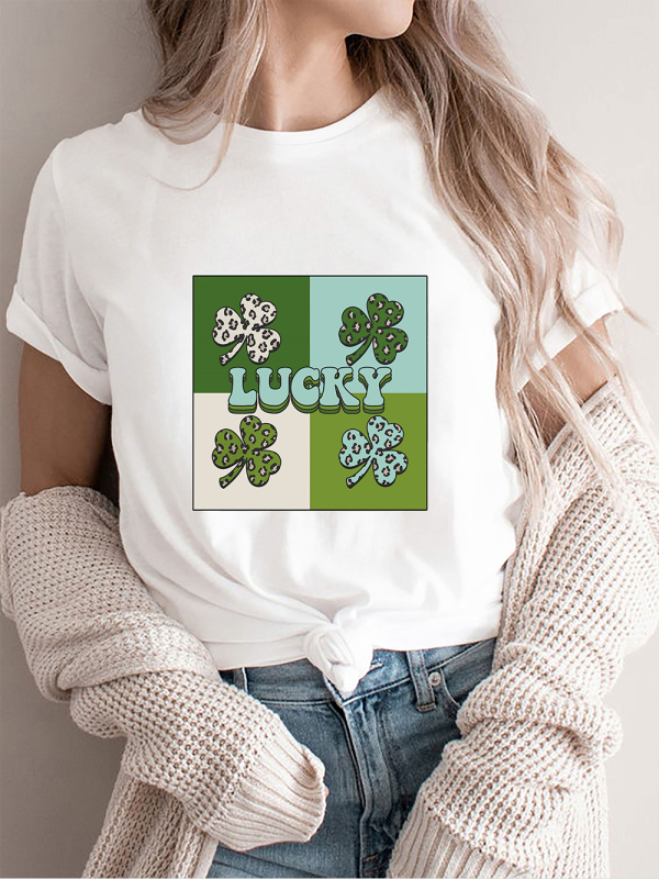 Mature Women Lucky Clover Knit Short Sleeve Shirt Top