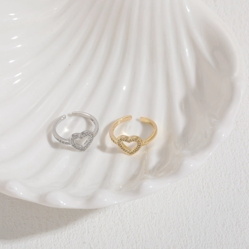 Glam Letter Heart Shape Copper Inlay Zircon 14k Gold Plated Open Ring