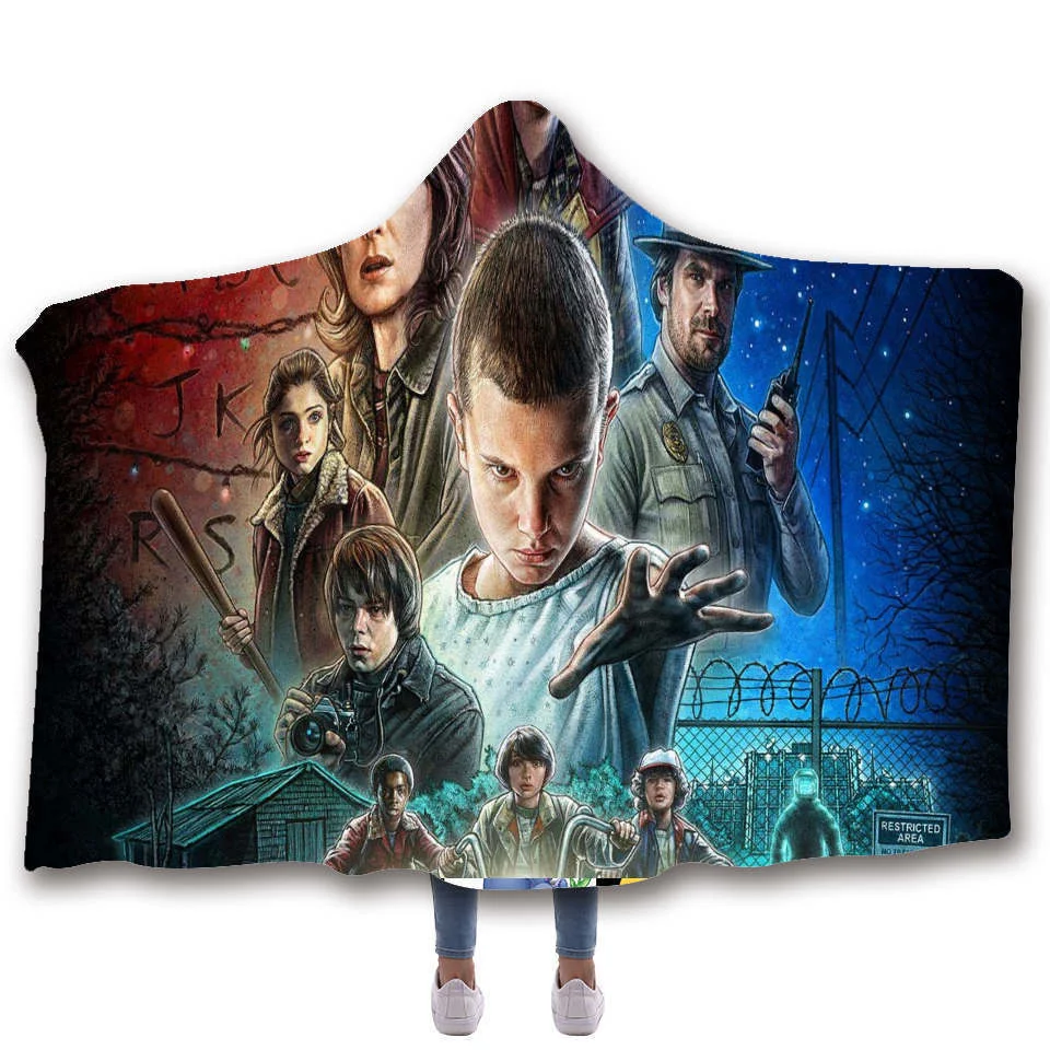 Stranger Things Hooded Blanket For children Sherpa Fleece Hoodie Blanket For Sofa Microfiber Mantle Throw Blanket For Travel