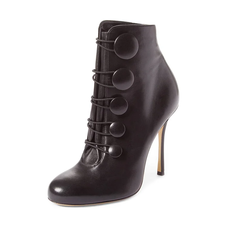 Black Stiletto Boots Round Toe Buttoned Heeled Ankle Boots for Women |FSJ Shoes