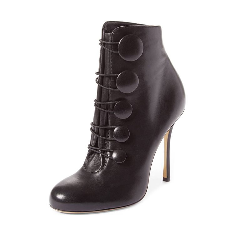 Black Stiletto Boots Round Toe Buttoned Heeled Ankle Booties for Women |FSJ Shoes