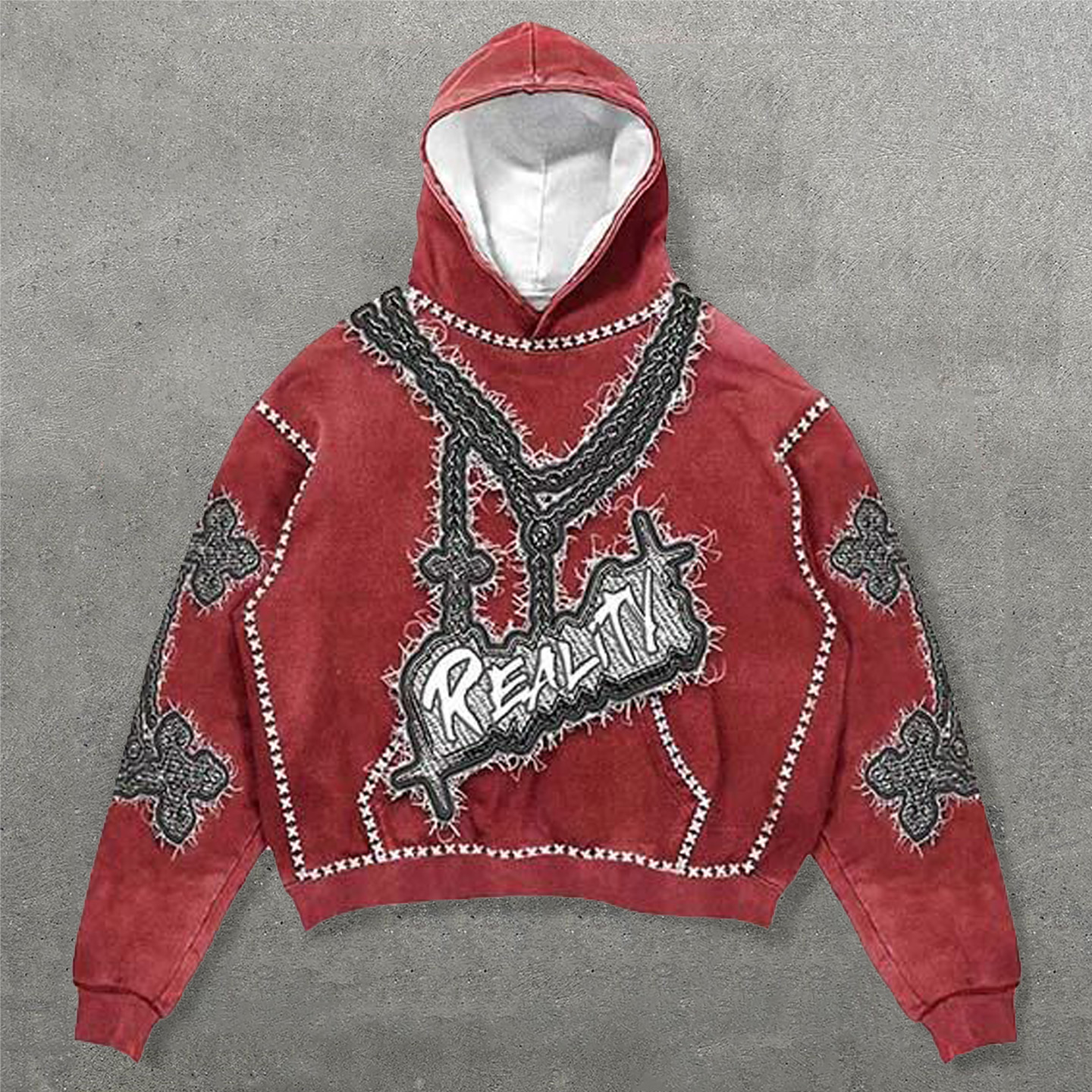 Reality Cross Faux Decal Print Long Sleeve Hoodies